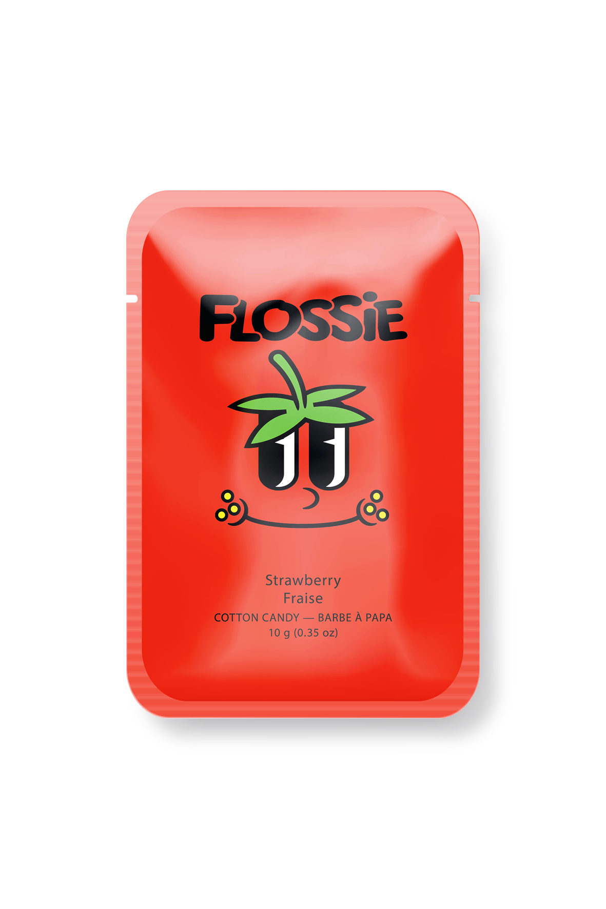 Flossie Strawberry Cotton Candy single-serve package, gluten-free and vegan, made in Canada