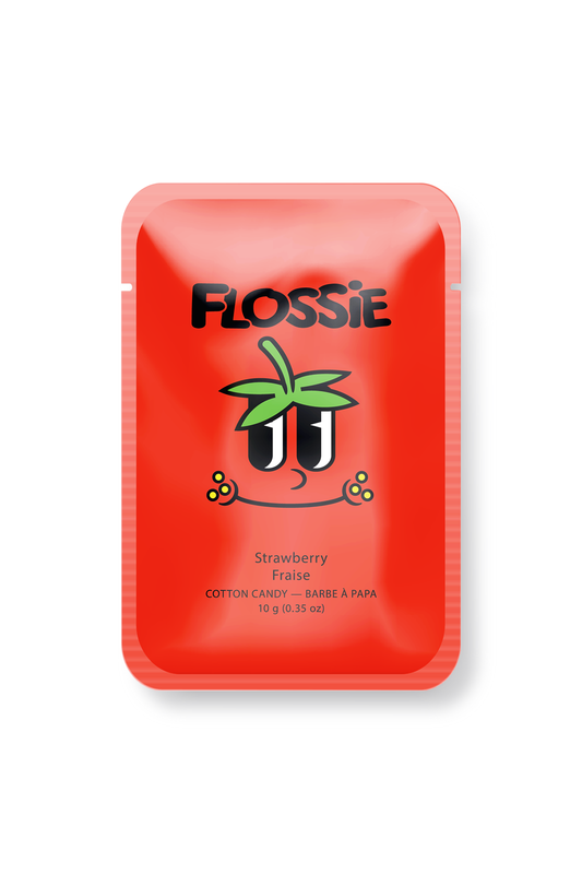 Flossie Strawberry Cotton Candy single-serve package, gluten-free and vegan, made in Canada