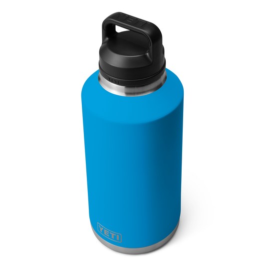 Yeti rambler bottle chug 64 ounce 1.89 L big wave, blue chug, cap thermal insulated bottle front view white background. 