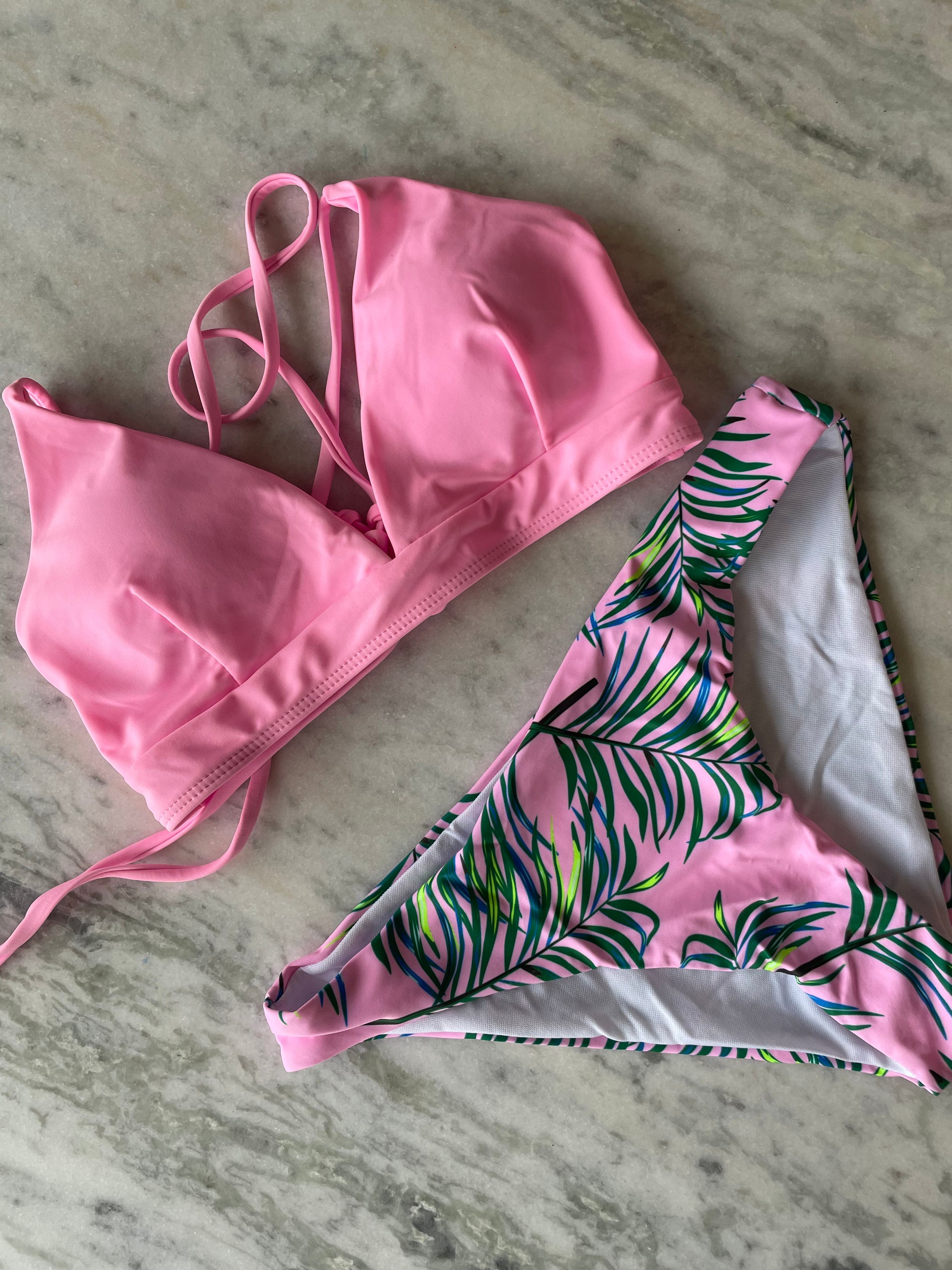 Pink bikini adjustable, open back tie, palm, bottoms cute shipping in stock, bikini style, brief, flattering the County Emporium