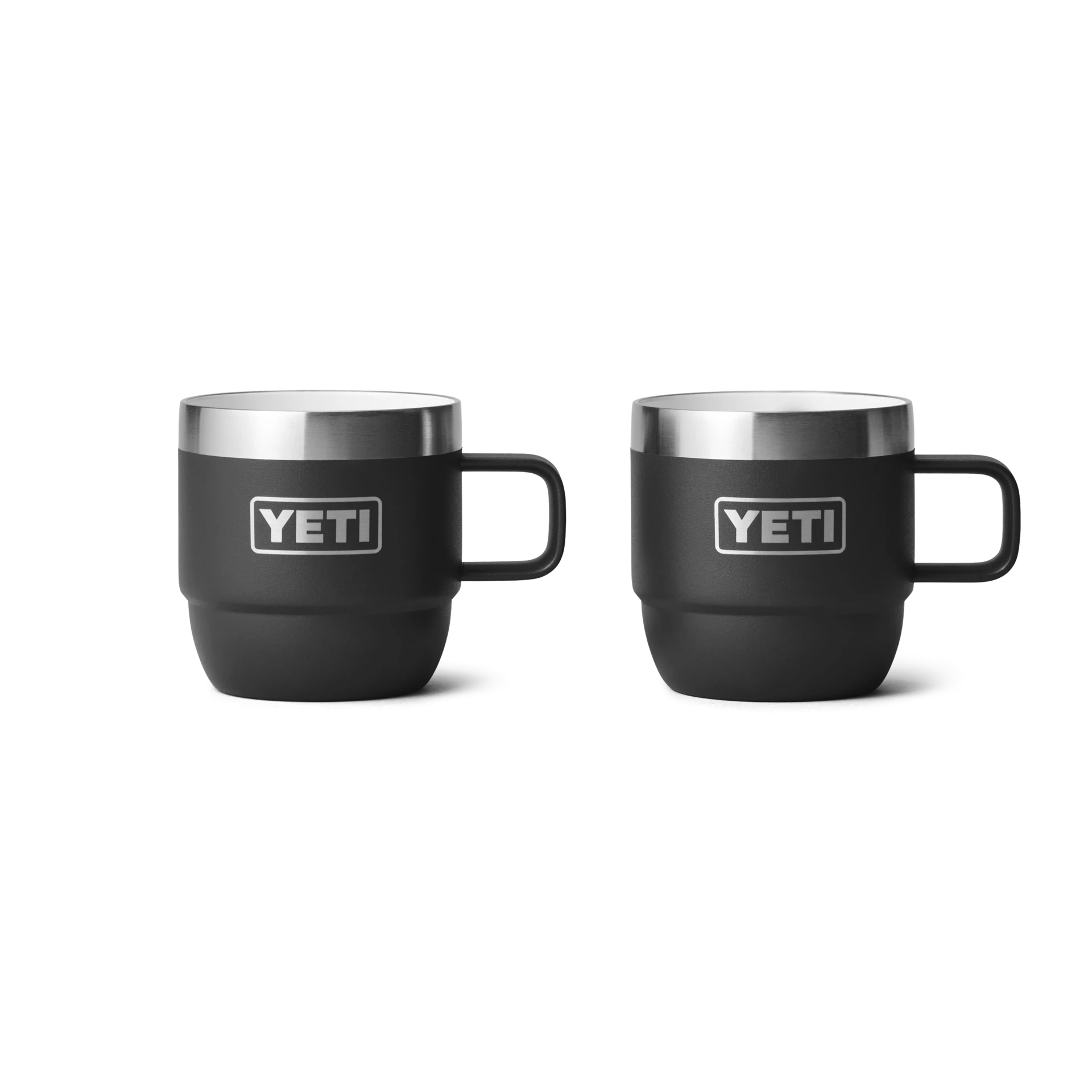 YETI rambler 6 ounce stackable espresso mugs with handles, black with silver top rim 3/4 cm width very smooth, ceramic inside, front view, 2 mugs shown side-by-side silver yeti logo shown on both white background