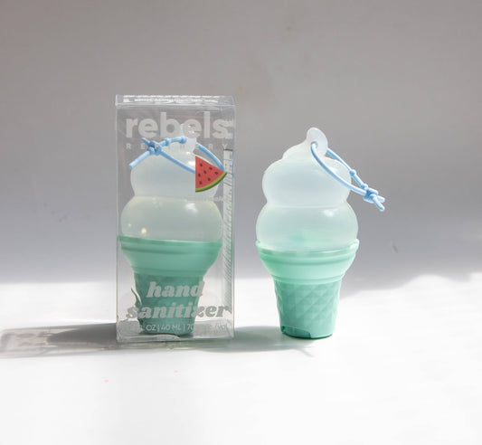 Ice cream cone-shaped hand sanitizer with packaging labeled 'rebels' on a white background