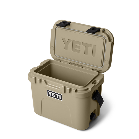 Tan YETI roadie 15 cooler with open lid on a white background