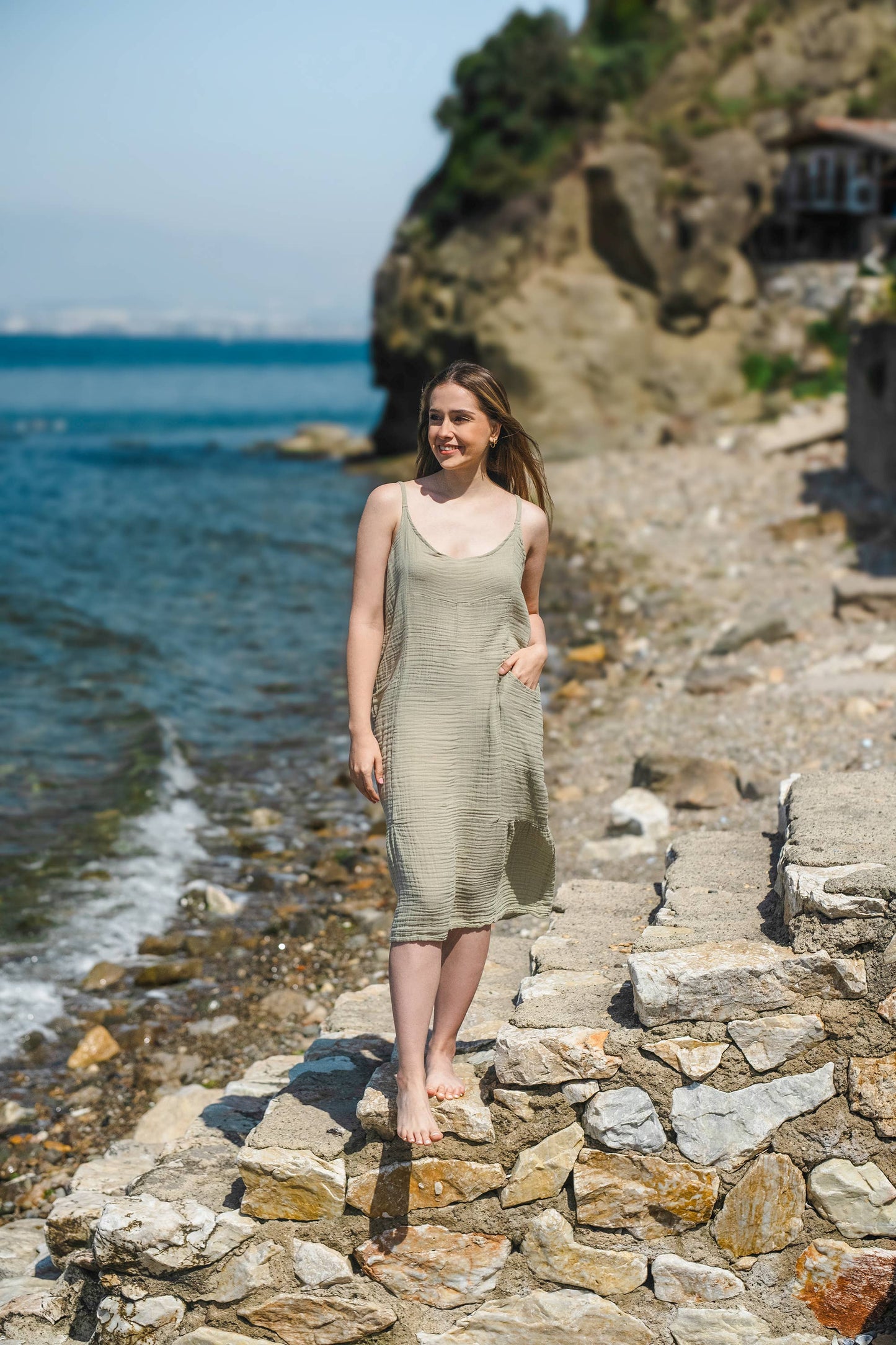 Beige Double Gauze Strap Dress