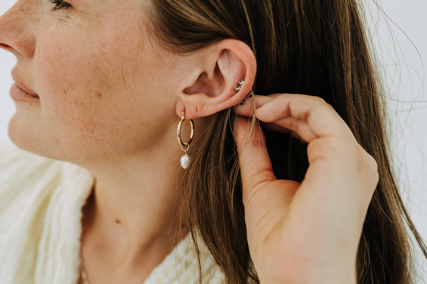 Gold Filled Pearl Drop Hoop Earrings