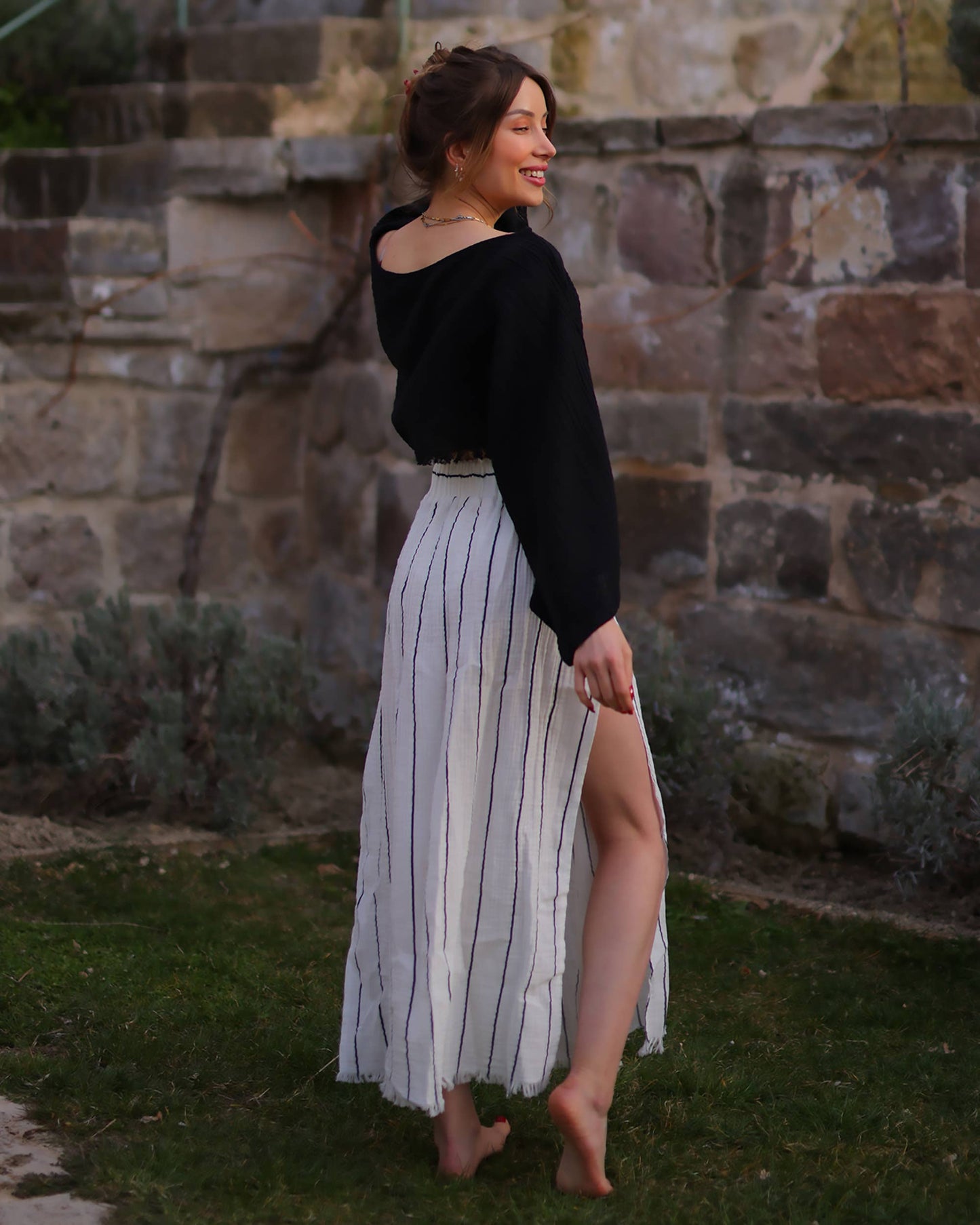 Black Striped Side Slit Cotton Maxi Skirt