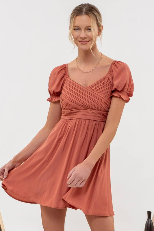 Blu Pepper - PLEATED WRAP PUFF SLEEVE BACK TIE MINI DRESS: TERRACOTTA