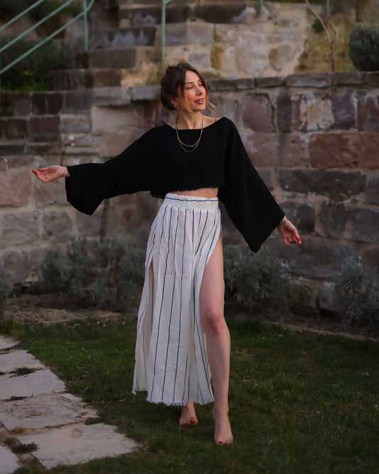 Black Striped Side Slit Cotton Maxi Skirt