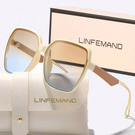 LINFEMAND oversized square sunglasses with a cream frame, gradient tinted lenses, and brown temple arms, displayed with a matching cream leather case and branded box.