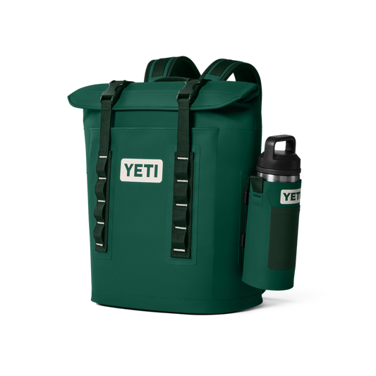 YETI Black Forest soft cooler bag back back with easy attachment points for accessories shown with bottle attachments 