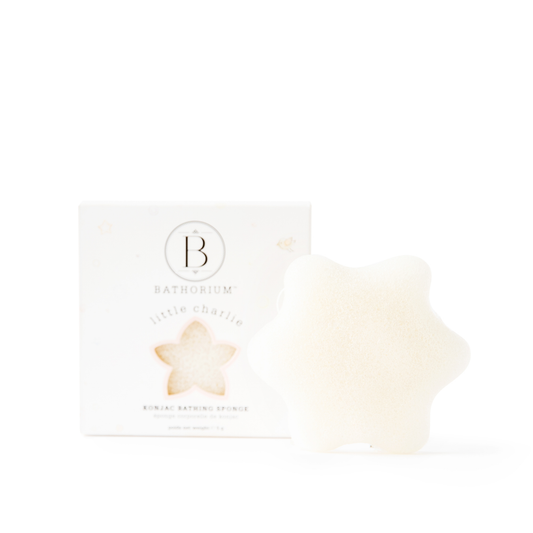 Bathorium Little Charlie star-shaped konjac bathing sponge in soft white packaging – gentle natural skincare accessory for kids and sensitive skin