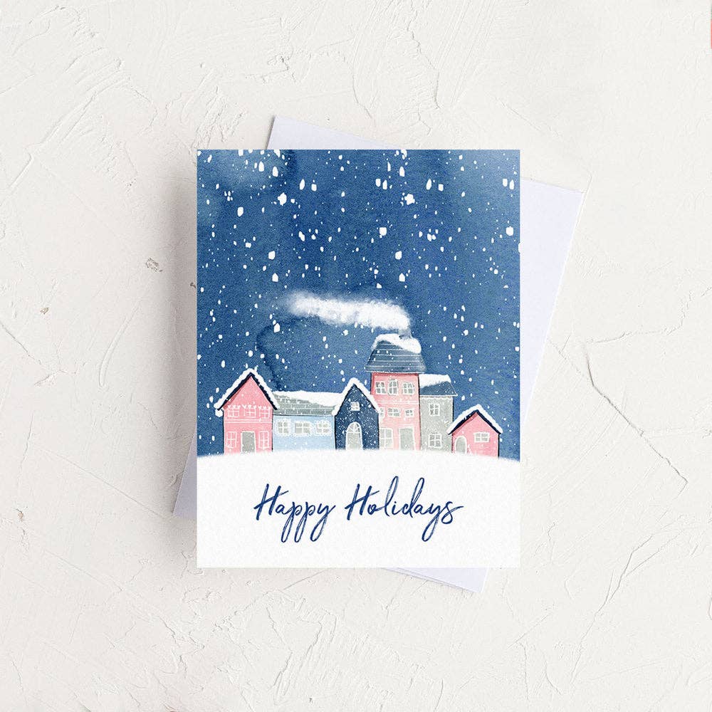 Almeida Illustrations - Pastel Buildings Christmas Holiday Greeting Card