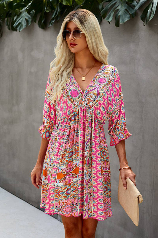 The neck midi length sleeve, BoHo pink pattern, gorgeous knee length dress