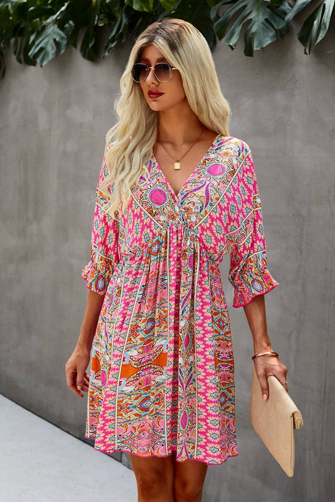 The neck midi length sleeve, BoHo pink pattern, gorgeous knee length dress
