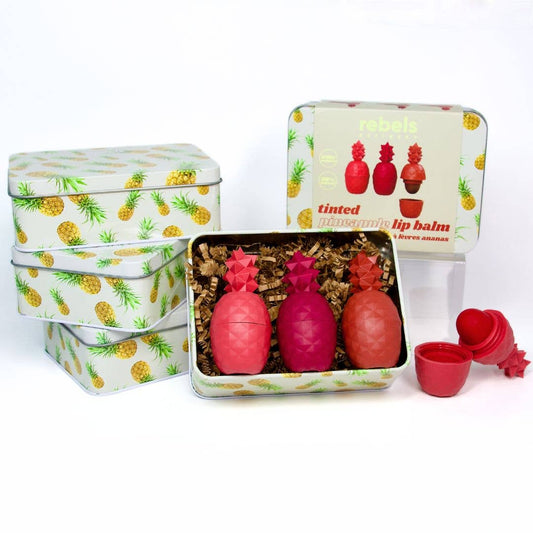 rebels refinery new release tinted pineapple lip balm set of 3 in exclusive pineapple printed tin 