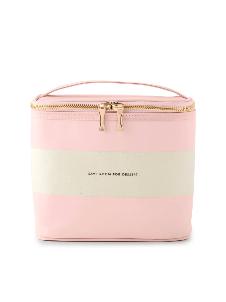 Kate Spade, lunch, tote bag, gold, zipper, pink, and white save room for dessert cute