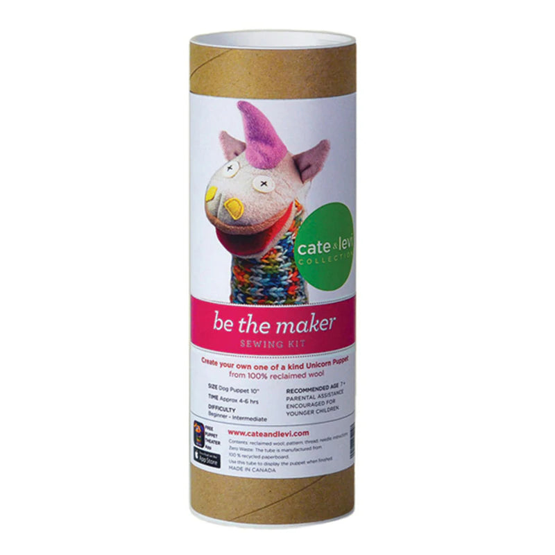 
                
                    Load image into Gallery viewer, Cate &amp;amp; Levi unique wool unicorn hand puppet sewing kit, comes in a tube
                
            