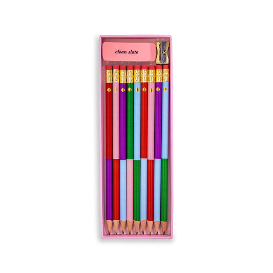 Set of colorful pencils in a pink box with 'clean slate' text on a white background
