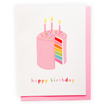 The Penny Paper Co birthday card with picture of sliced rainbow cake with three lit candles and happy birthday written in multiolour with a white background