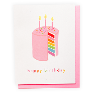 The Penny Paper Co birthday card with picture of sliced rainbow cake with three lit candles and happy birthday written in multiolour with a white background