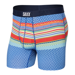 
                
                    Load image into Gallery viewer, Saxx Ultra relaxed fit boxer brief with fly with various blue, red, green, and yellow geo patterns
                
            