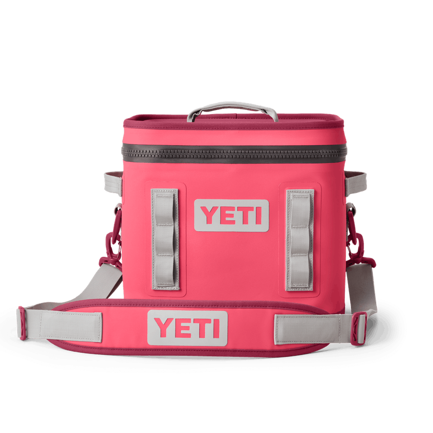 YETI Hopper Flip 12 soft cooler in bimini pink with zippered top, carry strap and accessory loops