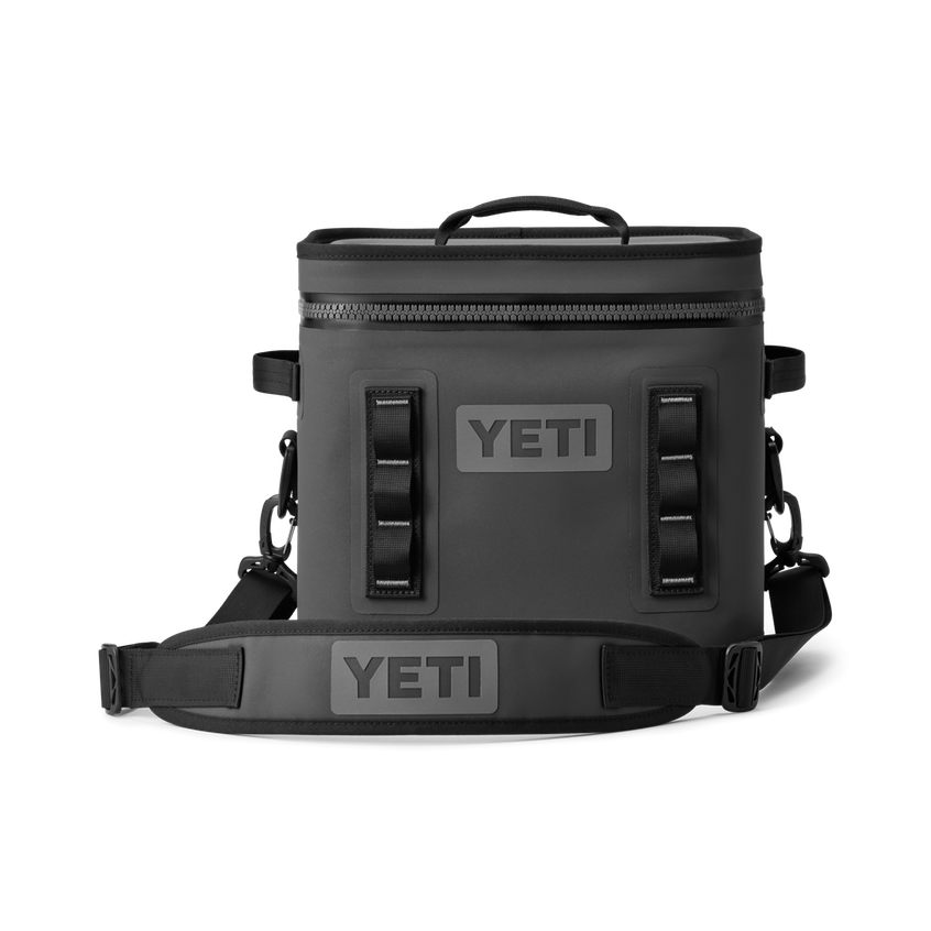 YETI Hopper Flip 12 soft cooler in charcoal with zippered top, carry strap and accessory loops