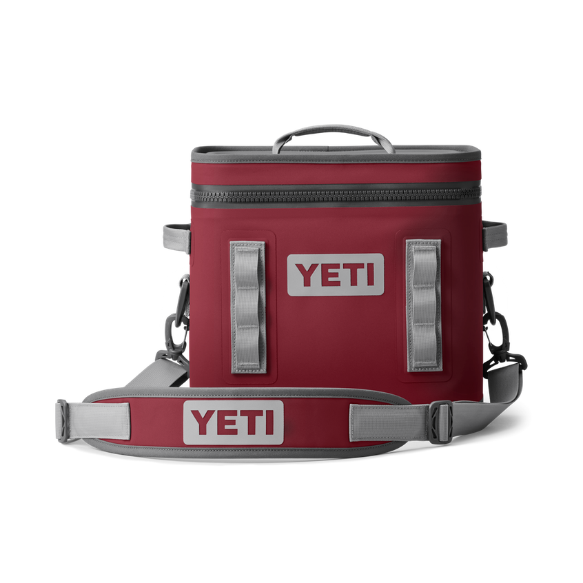 YETI Hopper Flip 12 soft cooler in harvest red with zippered top, carry strap and accessory loops