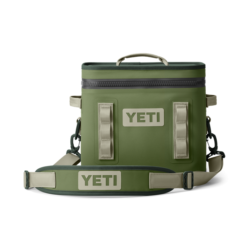 YETI Hopper Flip 12 soft cooler in highlands olive with zippered top, carry strap and accessory loops