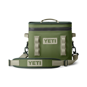 YETI Hopper Flip 12 soft cooler in highlands olive with zippered top, carry strap and accessory loops