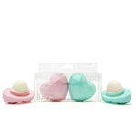 ￼ rebels refinery, two pack heart shaped lip balms, ￼light pink, and sea foam hearts packaged in clear acrylic rectangular box 