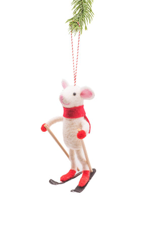 Ornament - White Hanging Skiing Mouse