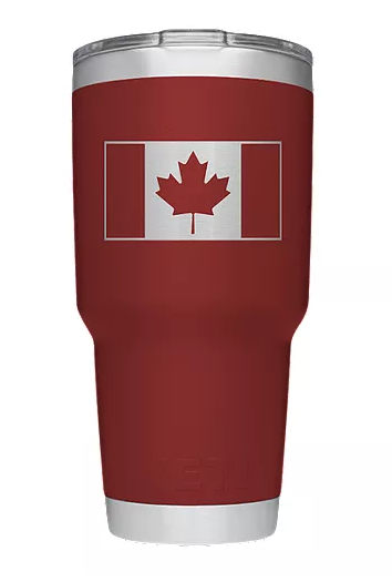 YETI 30oz/887mL rambler tumbler in brick red with an etched Canadian Flag and magslider lid