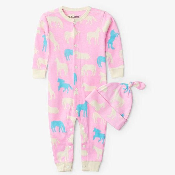 
                
                    Load image into Gallery viewer, Pink Horse Silhouette Baby Coverall and Hat
                
            