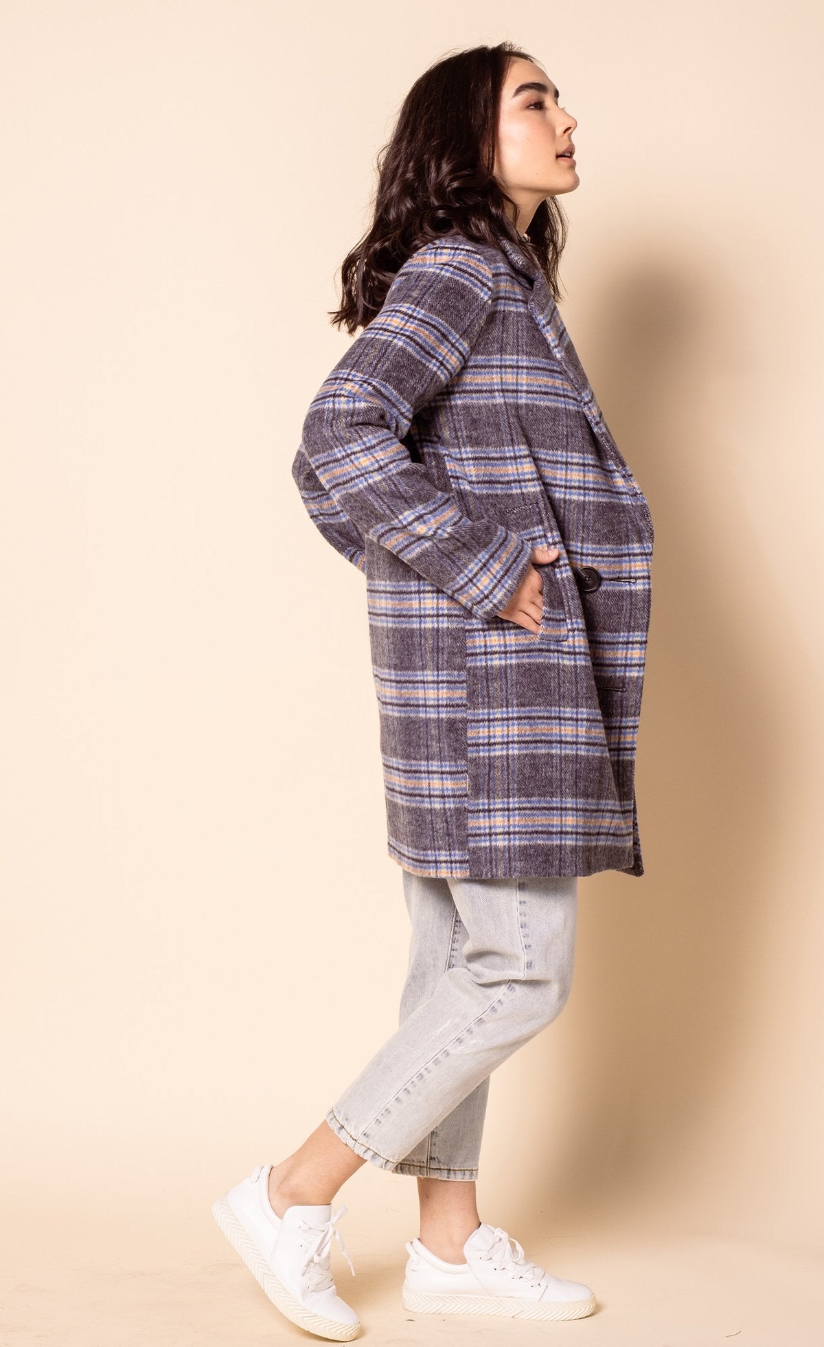 Pink Martini The Blanche Coat in a soft blue plaid material with a button up closure and pockets