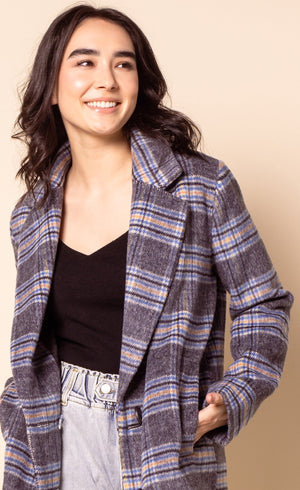 Pink Martini The Blanche Coat in a soft blue plaid material with a button up closure and pockets