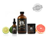 Educated beards, Bergamont grapefruit beard maintenance kit, a perfect housewarming gift great for those military friends who just moved here veteran owned company, beard wash beard bomb beard oil, limes, and grapefruit background