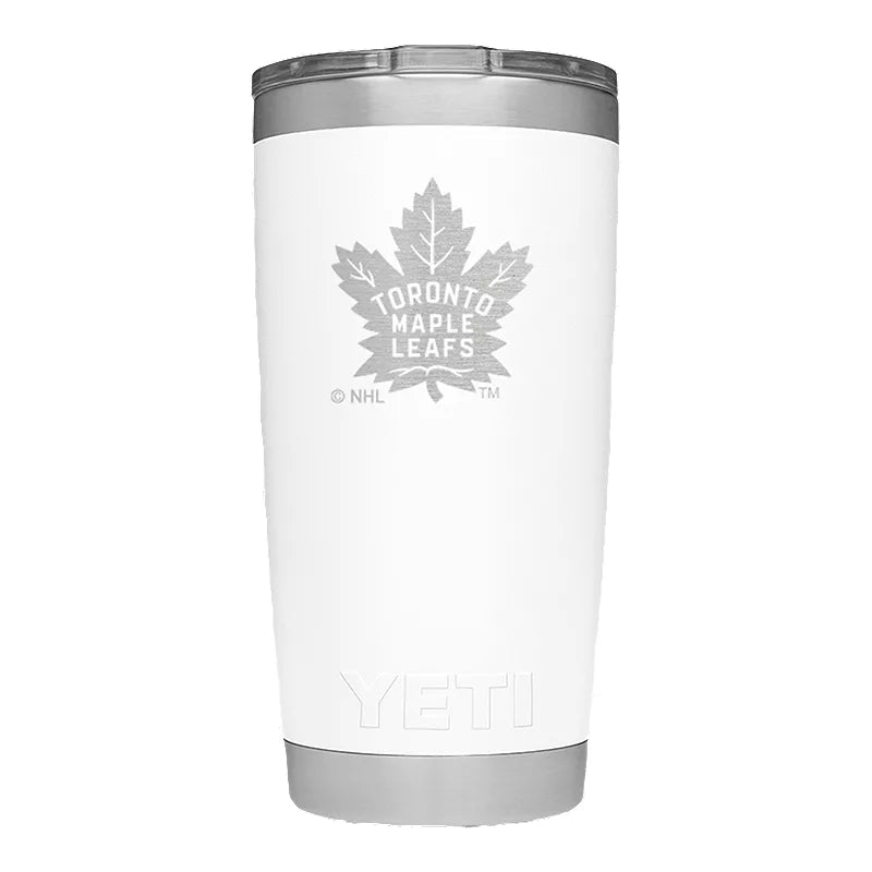 Yeti 20 ounce rambler, white mag slider lid white background, Toronto Maple Leafs special edition Maple Leaf engraving