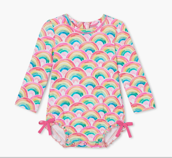 
                
                    Load image into Gallery viewer, Watercolour Rainbows Baby Rashguard Swimsuit
                
            