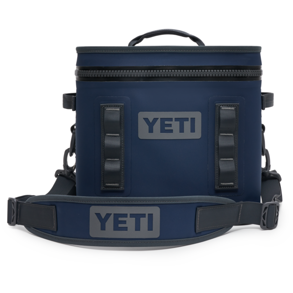 YETI Hopper Flip 12 soft cooler in navy with zippered top, carry strap and accessory loops